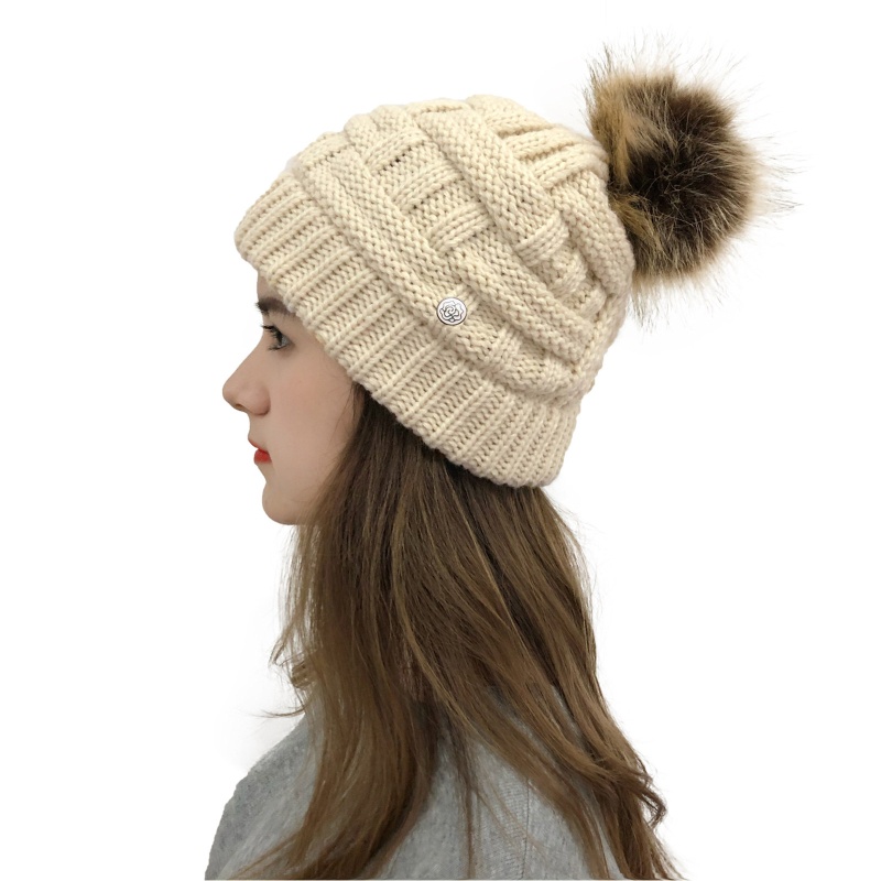 Wmmb Mũ Len Beanie Dệt Kim Kẻ Sọc Có Nút Bảo Vệ Tai Tháo Rời Được Có Thể Tháo Rời Cho Nữ