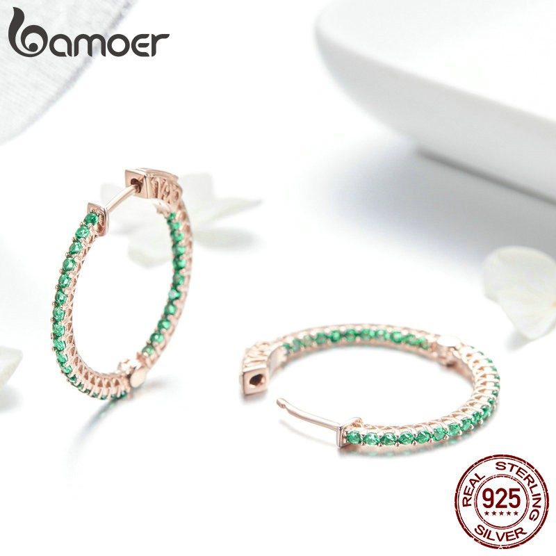 Hoa tai Bamoer Sce511 dáng tròn chất liệu bạc đính đá hợp thời trang cho nữ