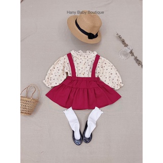 Set áo hoa nhí + váy linen đỏ đô