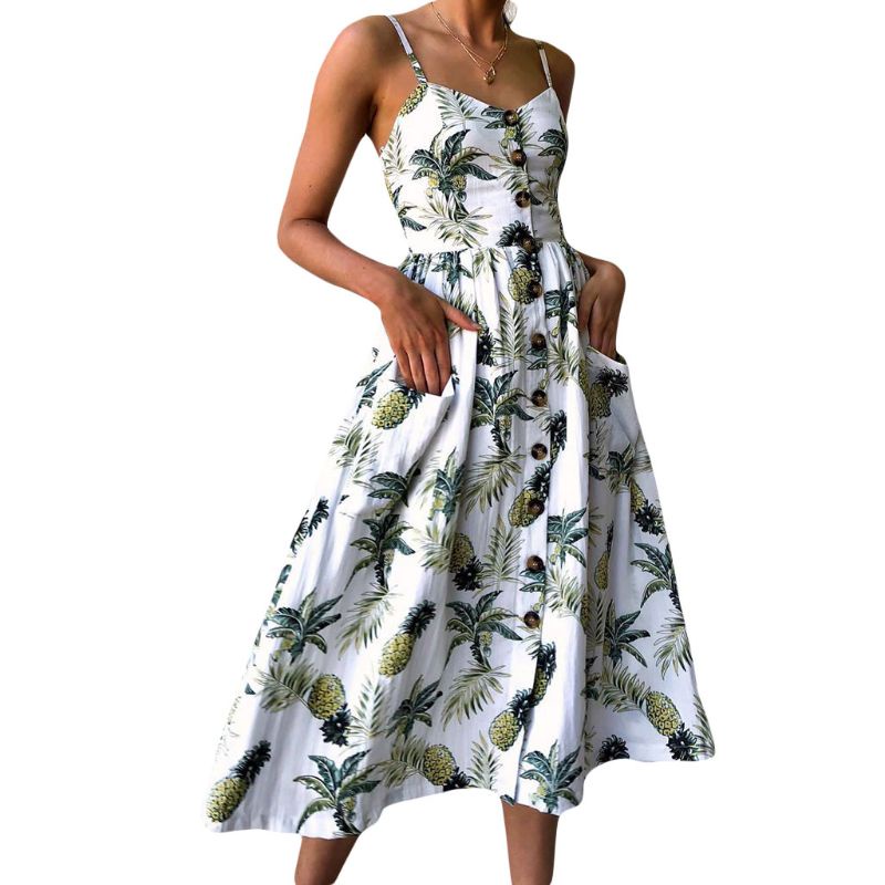 Xiangbao Bán Chạy Đầm Midi Hai Dây Cài Nút Thời Trang Đi Biển Mùa Hè Cho Nữ
