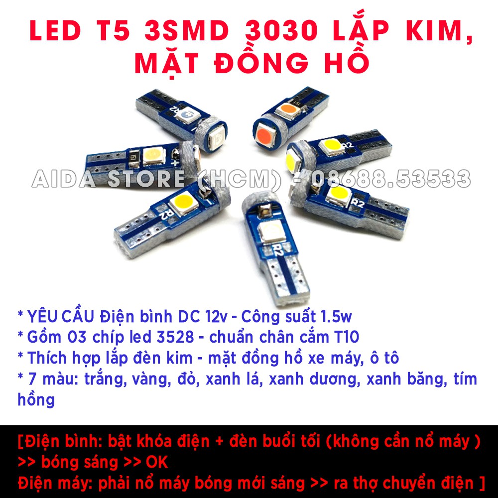 Bóng đèn led T5 3SMD 3030 gắn mặt đồng hồ, demi xe máy DC12v