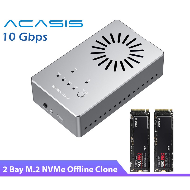 Box đọc 2 SSD M.2 NVMe 10Gbps, có chức năng nhân bản-clone không cần máy tính, quạt tản nhiệt đi kèm.