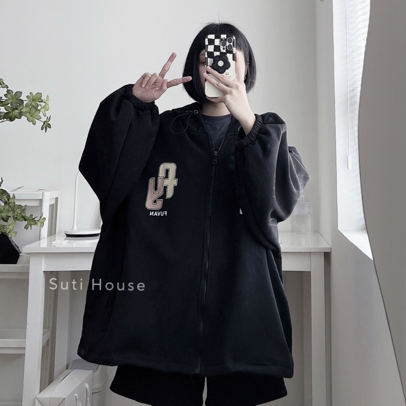 Áo Hoodie Zip FUSAN màu đen Tay Dơi Form rộng Unisex - Suti Housei