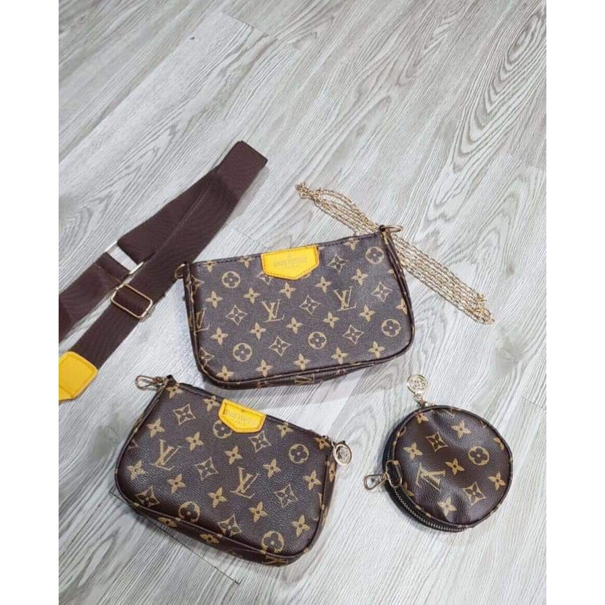 Túi xách nữ Set túi 3 món l.V 3 in 1 đeo chéo đeo vai dây dù nâu hot trend , kèm phụ kiện  thời trang sm