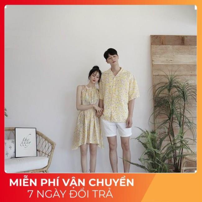 Couple - Váy đôi đi biển đẹp ❤️FREESHIP❤️ Set váy đôi sơ mi đi biển hàn quốc màu vàng AV38