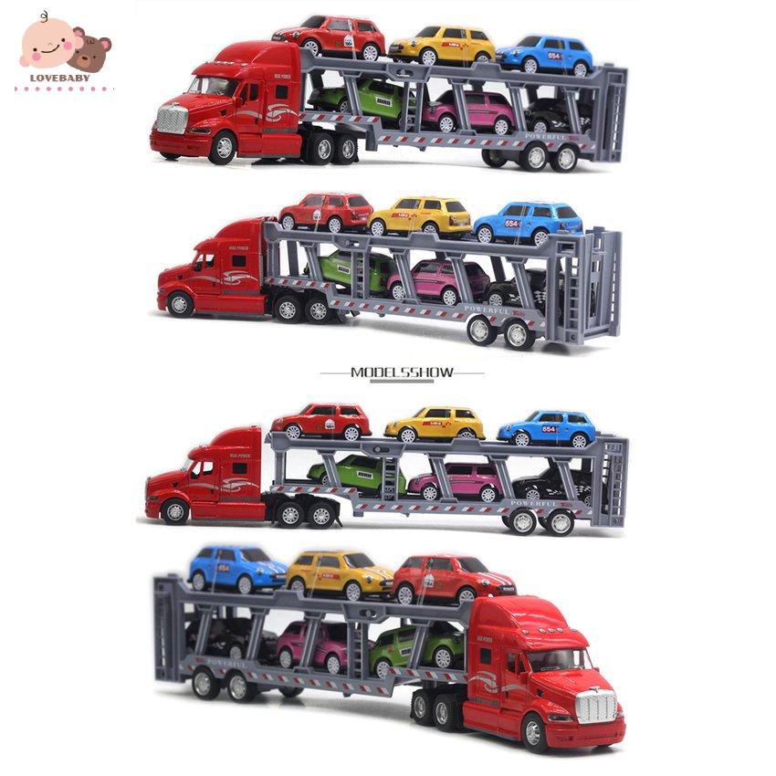 [HOT]Car Carrier Model Big Rig Truck Hauler Trailer With 6 Race Cars Carrier Toy