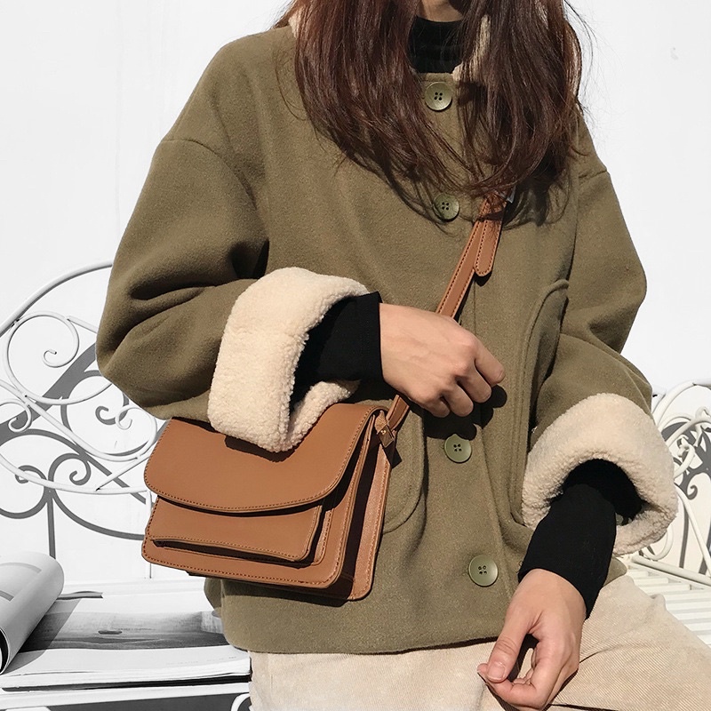 (Có sẵn Đen/Nâu)Túi đeo chéo túi hộp dáng basic retro da trơn mùa thu đông style Ulzzang Hàn Quốc MS4634