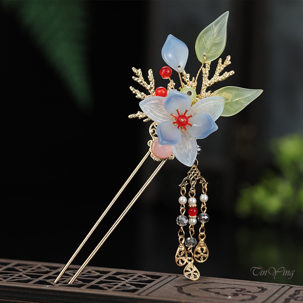 Trâm cài tóc GETNOIVAS hình chữ U họa tiết hoa tráng men bền bỉ phong cách Trung Hoa thích hợp mặc sườn xám / Hán phục