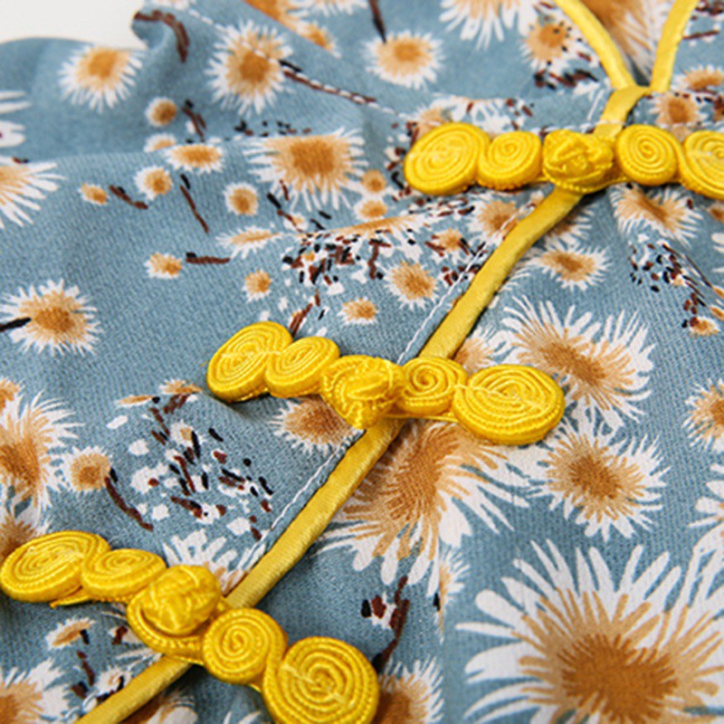 Sườn xám tay ngắn in họa tiết hoa phong cách Trung Hoa thời trang cho bé gái