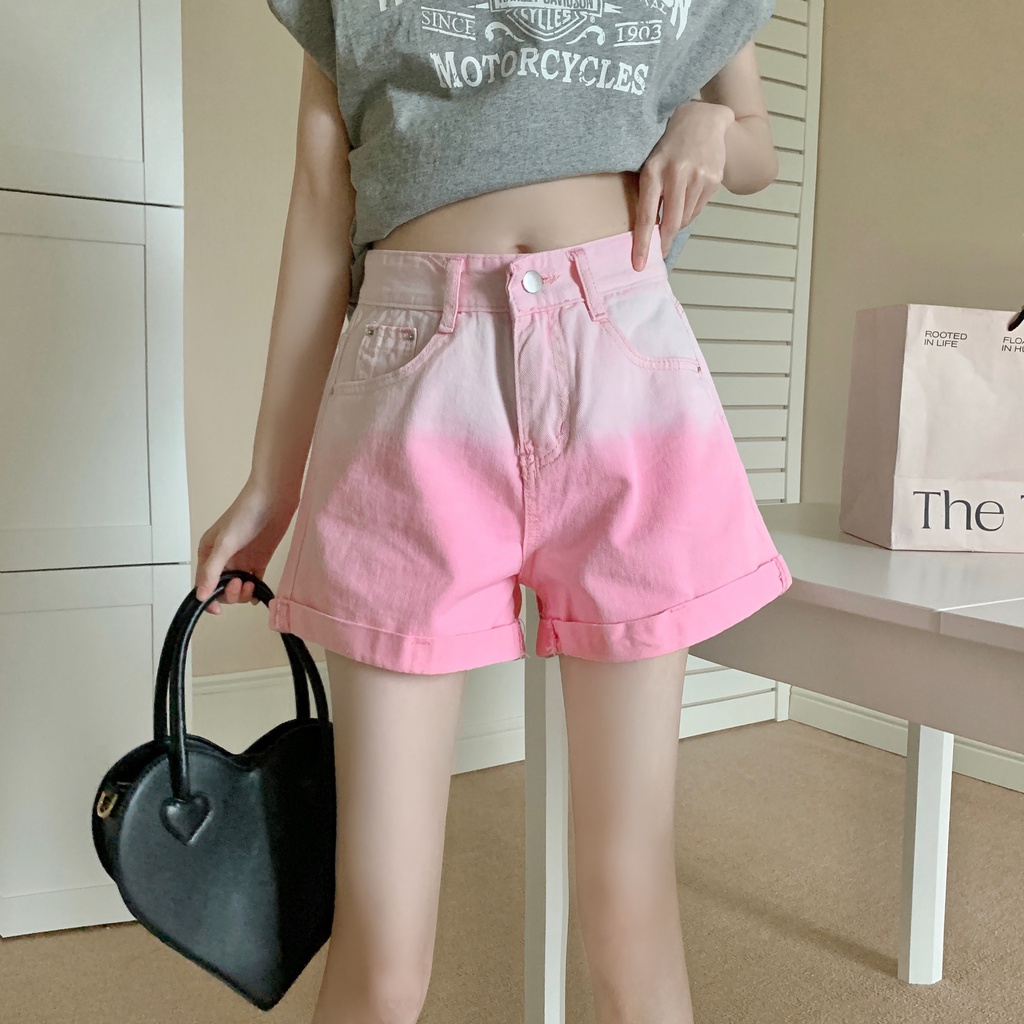 SUXI Quần Short Denim Ống Rộng Lưng Cao Màu Gradient Thời Trang Mùa Hè Dành Cho Nữ