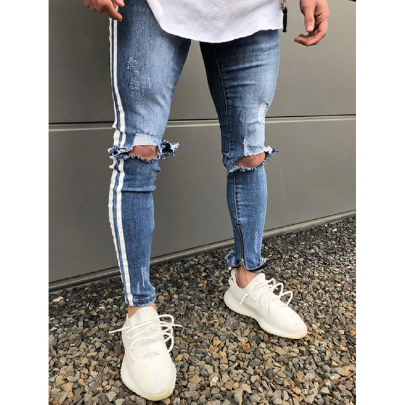 Men Street Knee Hole Stretch Skinny Jeans for Men Plus Size Slim Fit Pencil Jeans Leg Zipper Side Stripe Ripped Jeans Jogger Denim Pants