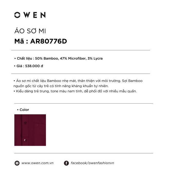 OWEN - Áo sơ mi dài tay Owen regular fit màu đỏ đô AR 80776 | BigBuy360 - bigbuy360.vn