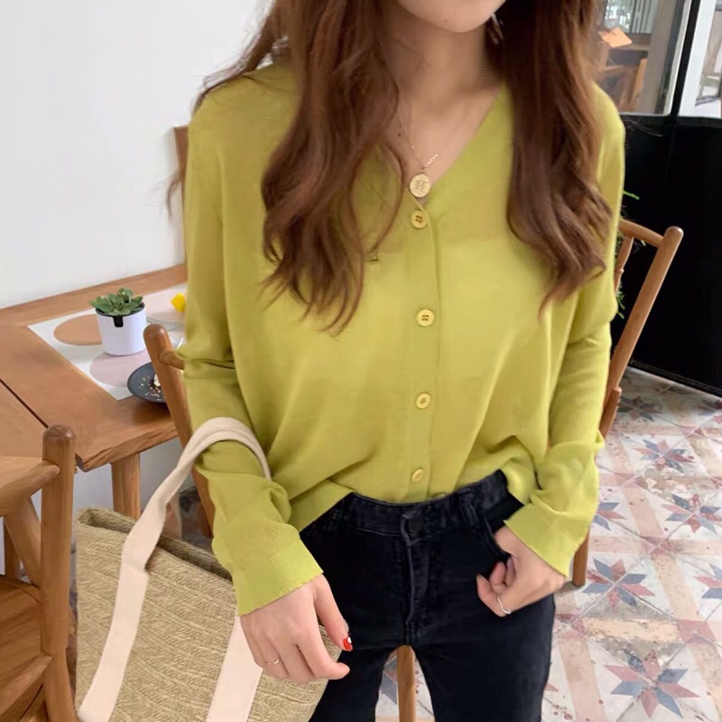 áo len khoác cardigan mỏng kiểu cổ V cài khuy - ko kèm áo trong (C395#)