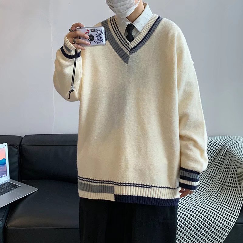 Áo len tay dài cổ chữ V thời trang thu đông phong cách Nhật Bản dành cho nam size M-2XL