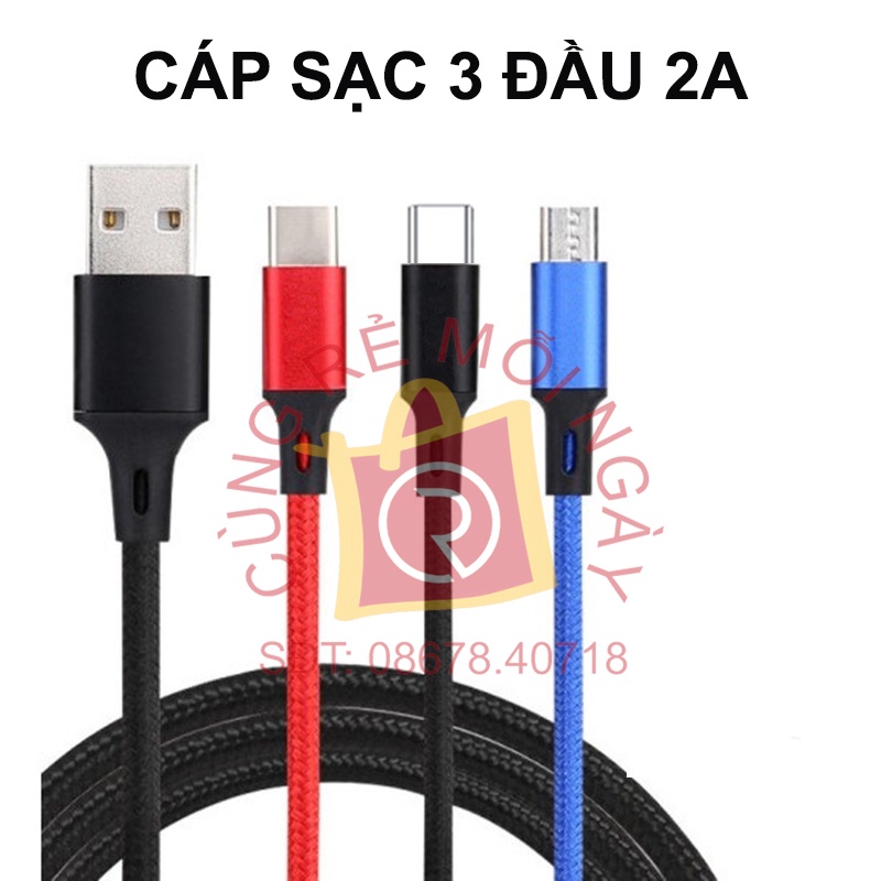 Cáp dữ liệu 3 đầu sạc nhanh 3A , 3 trong 1 cho iPhone, Android, Type-C dài 1,2 mét