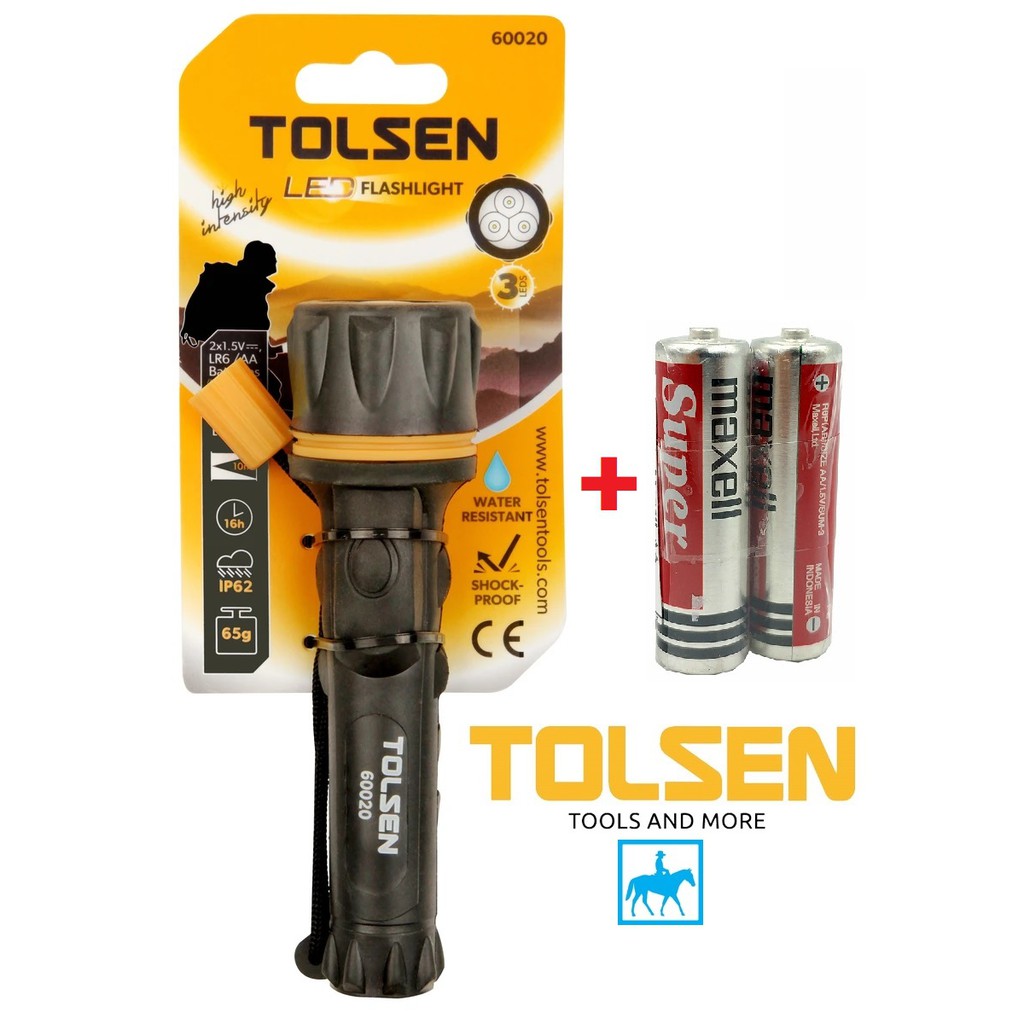 Đèn Pin Led Chiếu Xa 10m 65g Chống Nước IP62 Chống Sốc 12Lumens TOLSEN 60020 Tặng 2 Pin AA Maxell