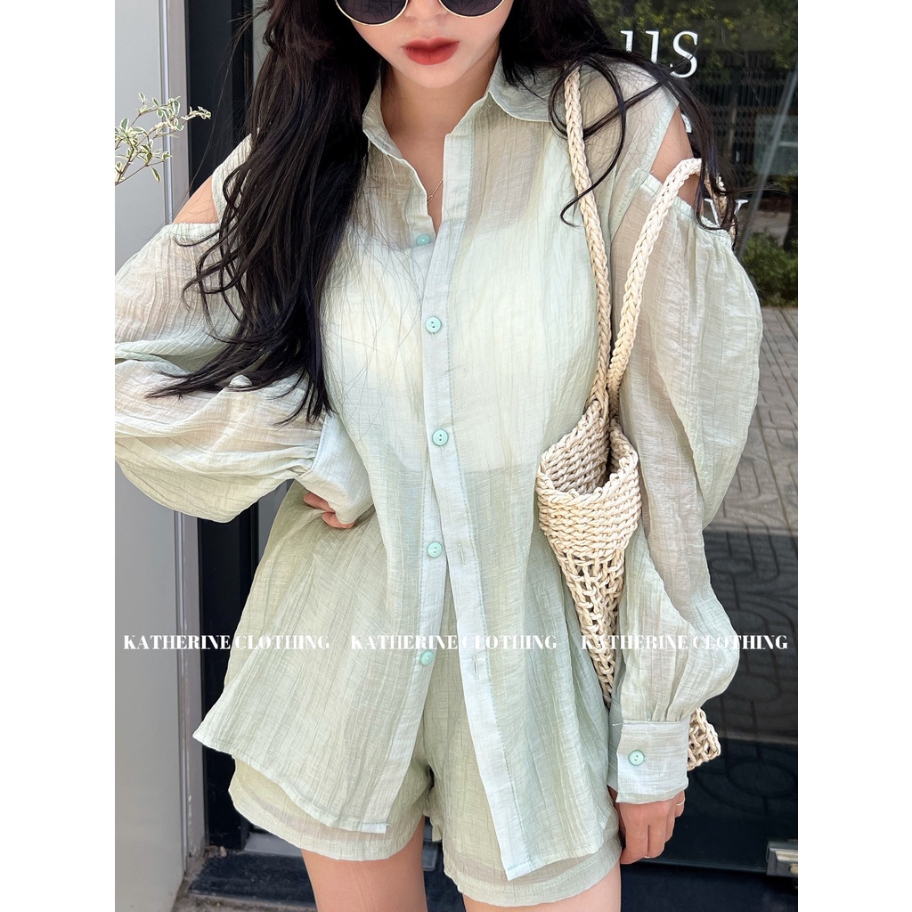 Set sơmi tơ hở vai và quần short, phong cách đơn giản trẻ trung - Katherine Clothing