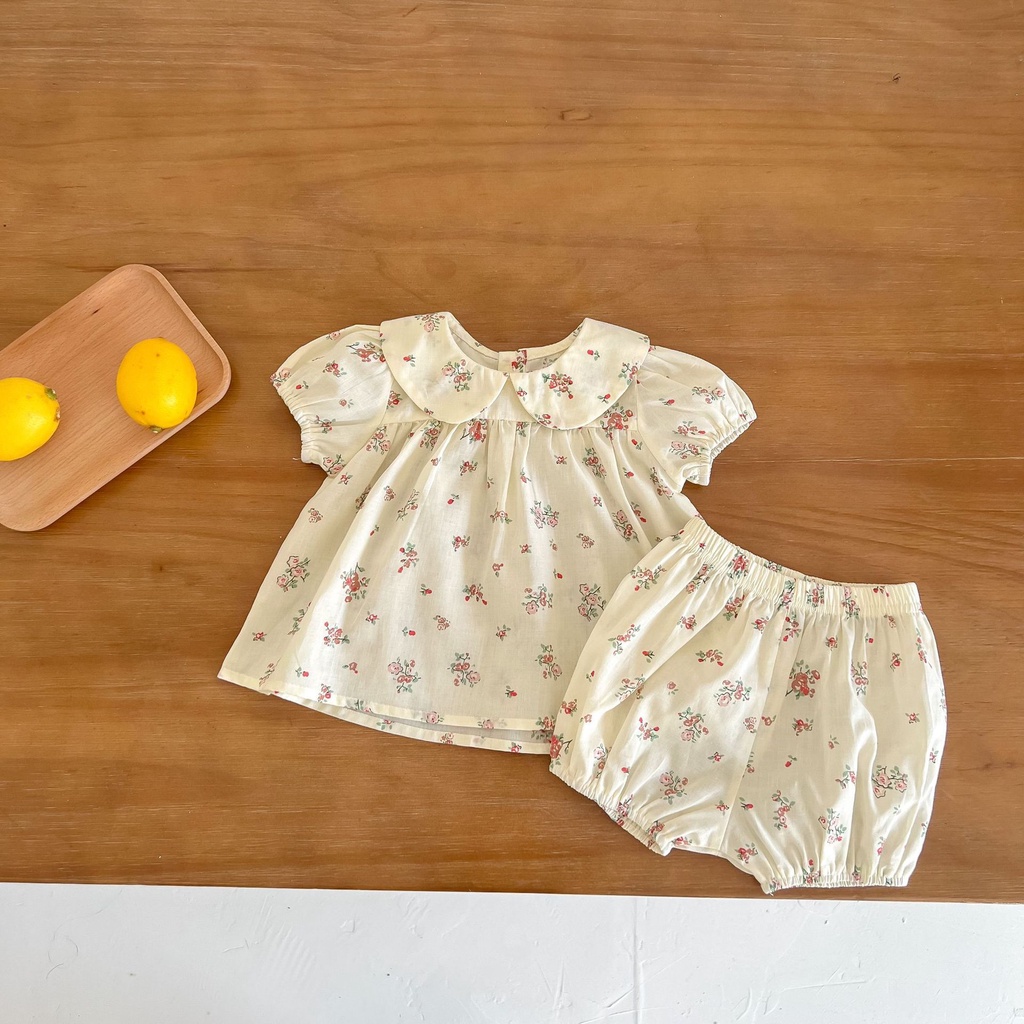 Bộ Áo Tay Ngắn Cổ Búp Bê + Quần In Hoa Dễ Thương Thời Trang Mùa Hè Cho Bé Gái