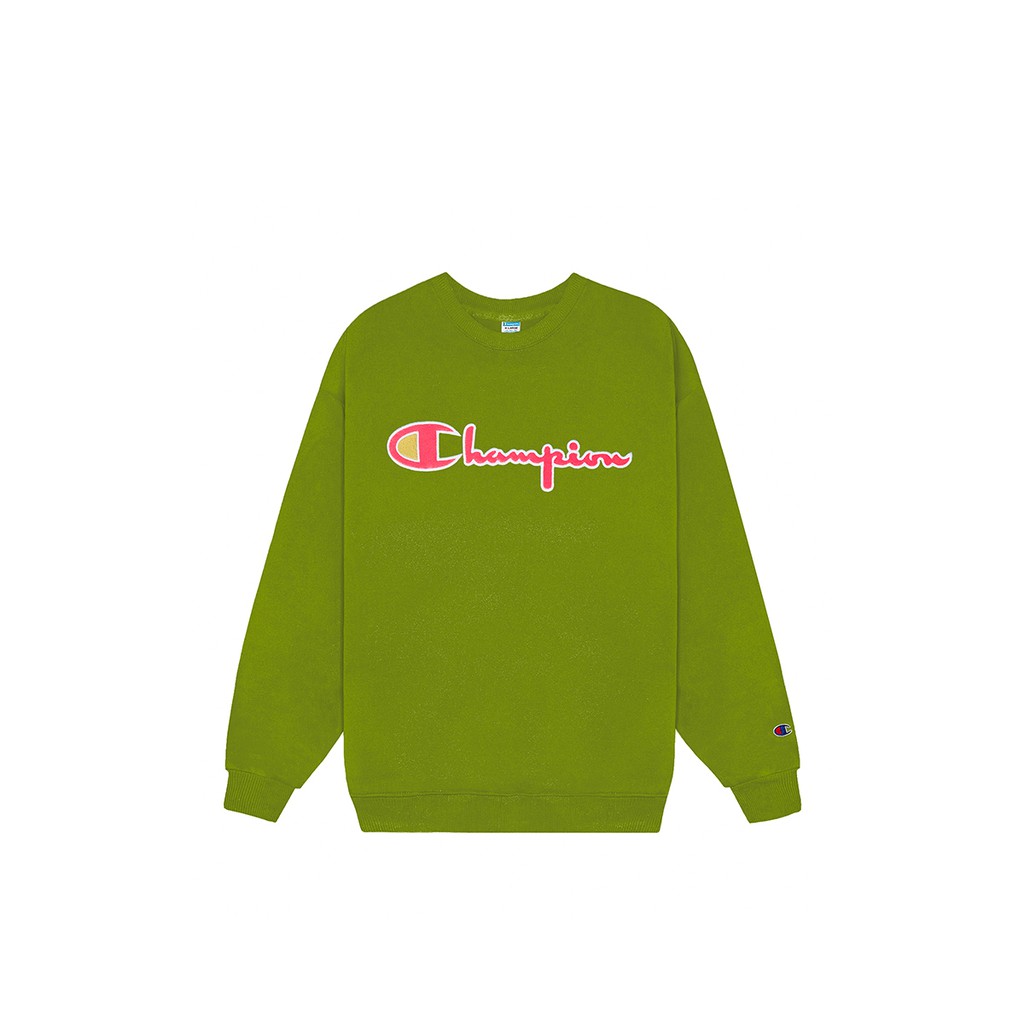 Áo Tay Dài Sweater Logo Thêu Chữ Champion To sắc nét Chất Liệu Cotton Màu Xanh Lá
