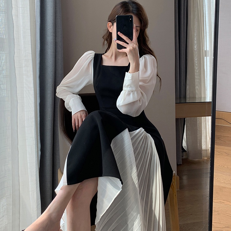 Đầm kiểu Perty cổ vuông phối lưới thời trang thu đông cho nữ