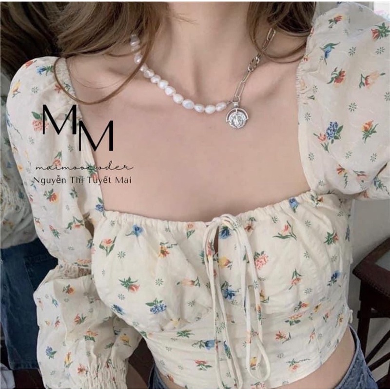 Áo croptop hoa nhí tay phồng kèm ảnh thật