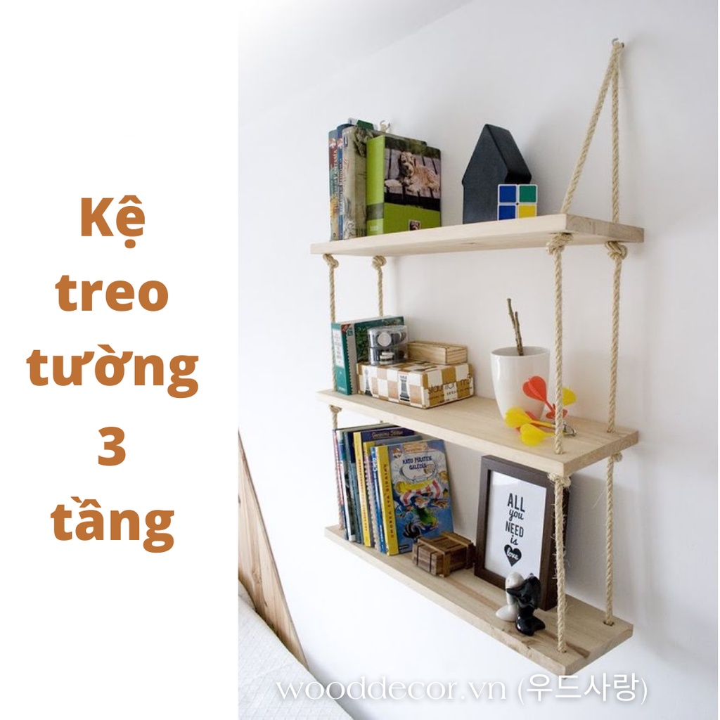 Kệ treo tường gỗ thông Mỹ tặng kèm dây cối và đinh ba chân gắn tường 1, 2, 3 tầng