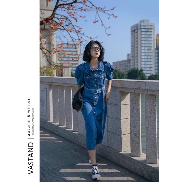 Đầm xoè jean tay phồng dáng dài xịn xò