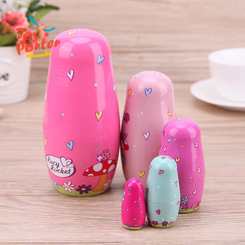 Set 5 búp bê Nga Matryoshka làm từ gỗ đoạn màu hồng độc đáo