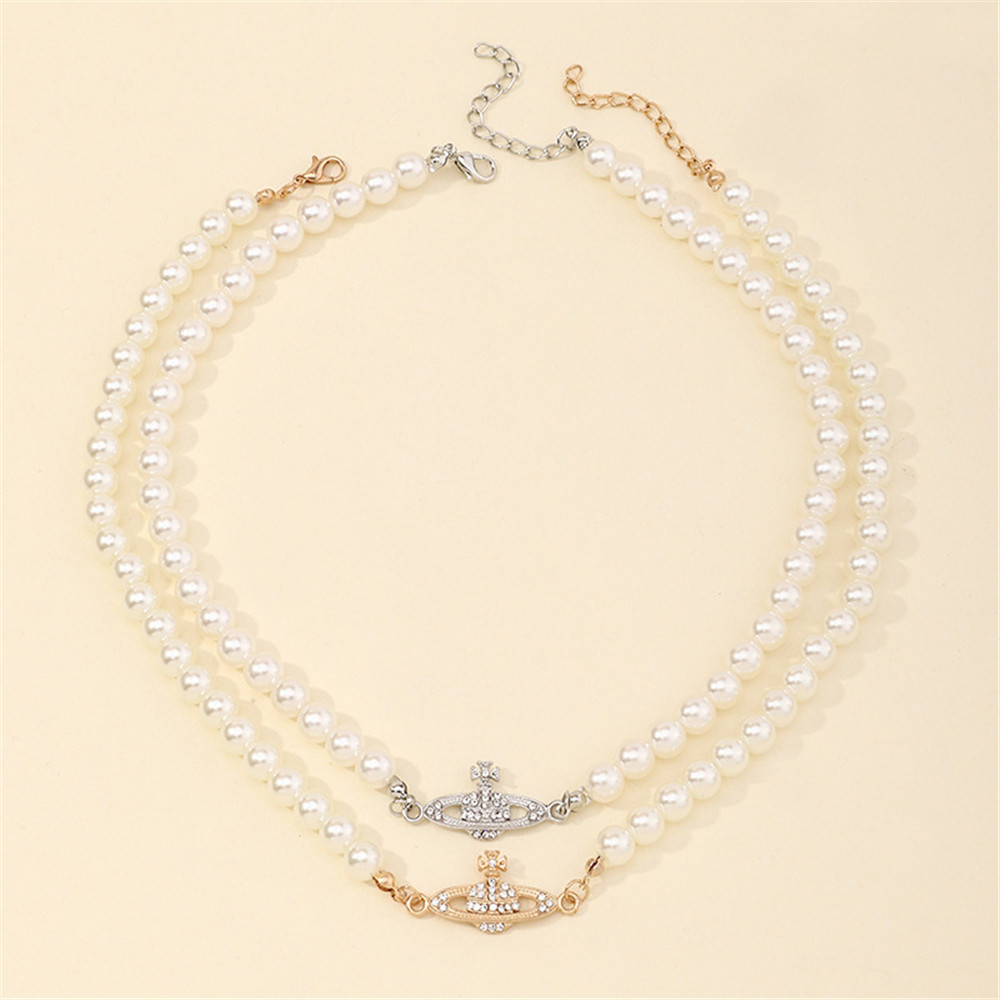 Vòng cổ choker hình hành tinh đính đá pha lê và ngọc trai giả thời trang