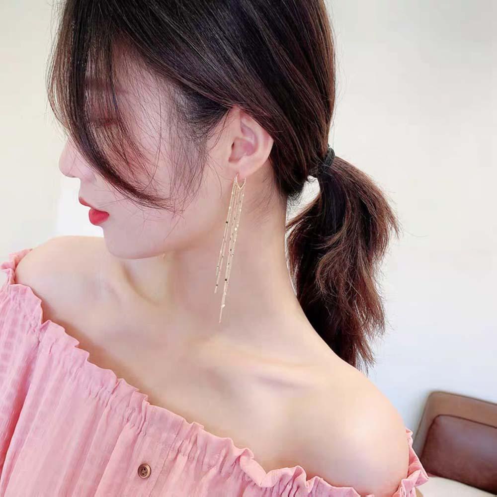 Bông Tai Dáng Dài Phối Tua Rua Hình Trái Tim Phong Cách Hàn Quốc Ngọt Ngào Cho Nữ