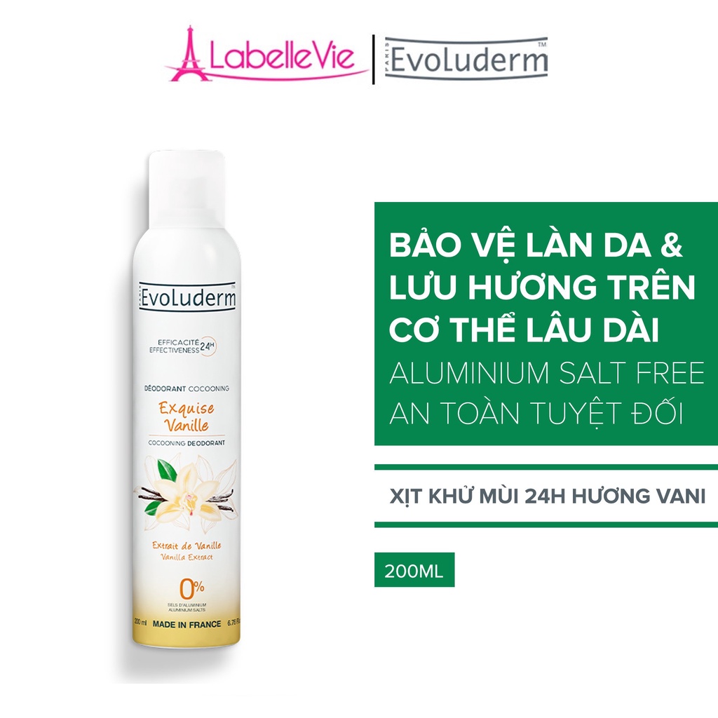 Xịt khử mùi toàn thân Evoluderm hương Vanilla ngăn khuẩn gây mùi suốt 24h - 200ml