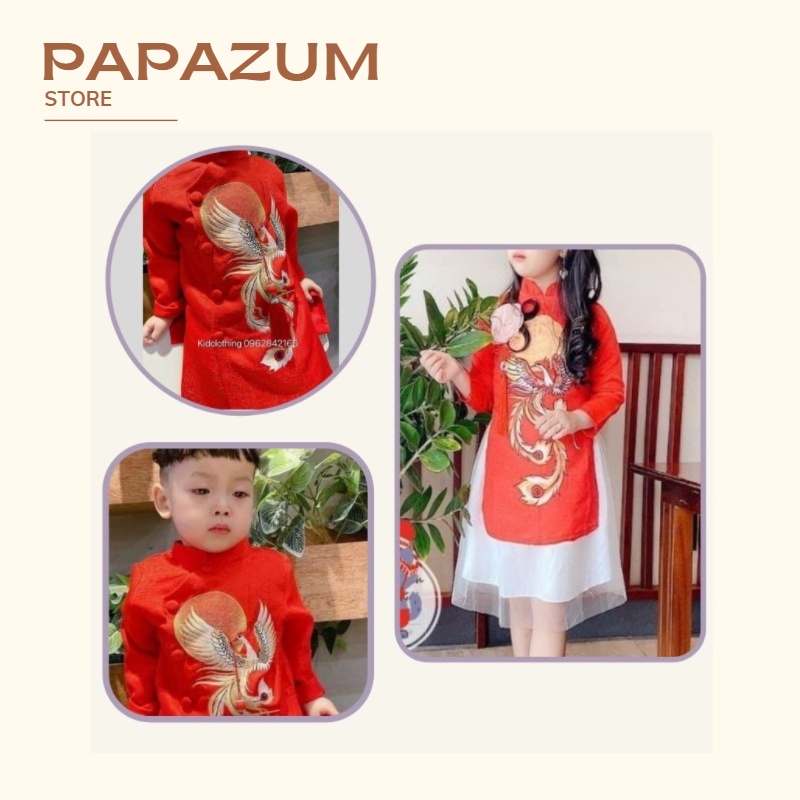 Áo dài cách tân họa tiết rồng phượng chất gấm nhung cho bé đi chúc tết PAPAZUM SE1089
