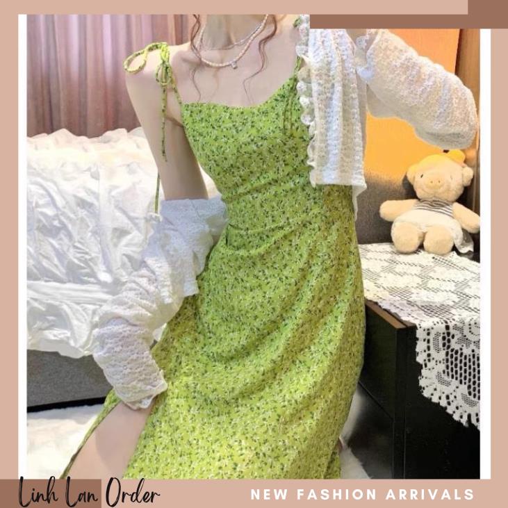 sét váy màu xanh lá hoa nhí gồm áo len khoác ngoài / váy hai dây body Xẻ tà hàng quảng châu (LinhLan.ORDER)