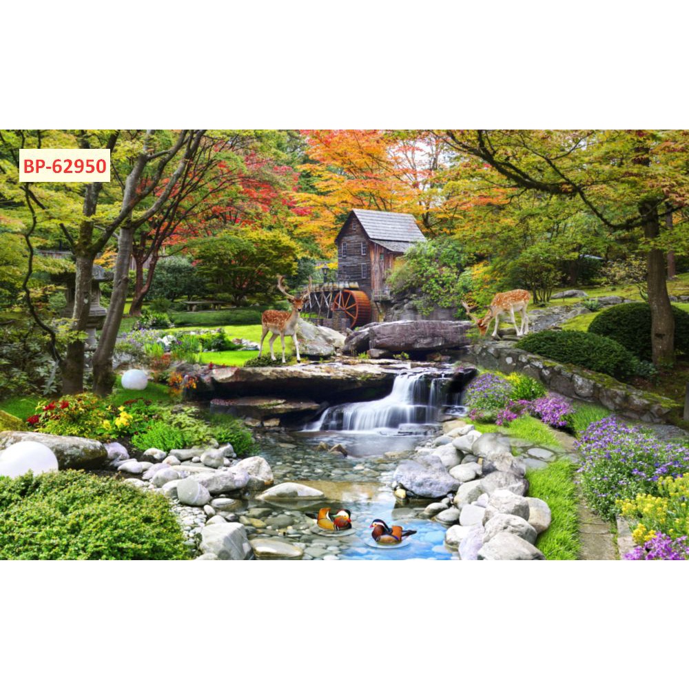 Tranh vải lụa dán tường phong cảnh thiên nhiên khu vườn nên thơ như truyện cổ tích phòng khách, phòng ăn, phòng ngủ