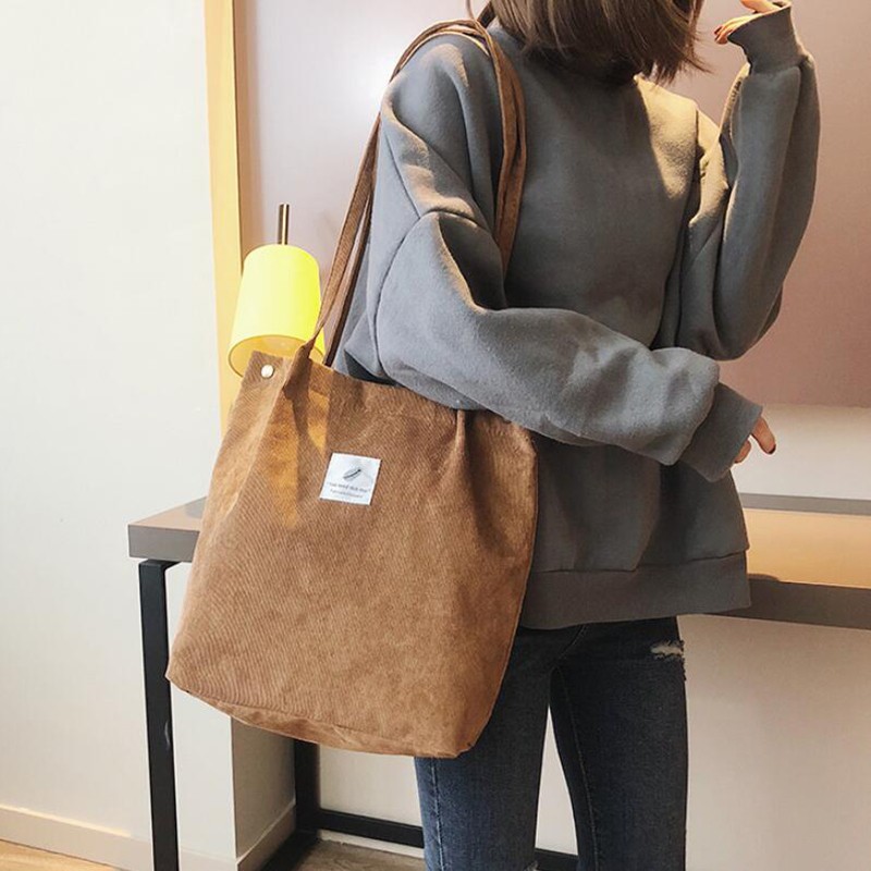 Yogodlns Túi Tote Vải Nhung Kẻ Đeo Vai Có Thể Gấp Gọn Tái Sử Dụng Cho Nữ