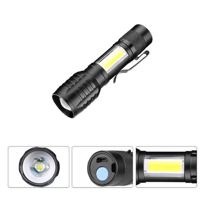 Đèn pin siêu sáng mini có Zoom xa gần, 3 chế độ sáng có móc treo tiện dụng tặng kèm hộp đựng, đèn pin mini cầm tay