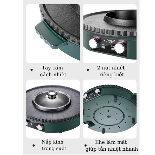 Bếp lẩu nướng điện NineShield đa năng, Nồi lẩu nướng tròn loại lớn cho gia đình, Bếp lẩu nướng không khói