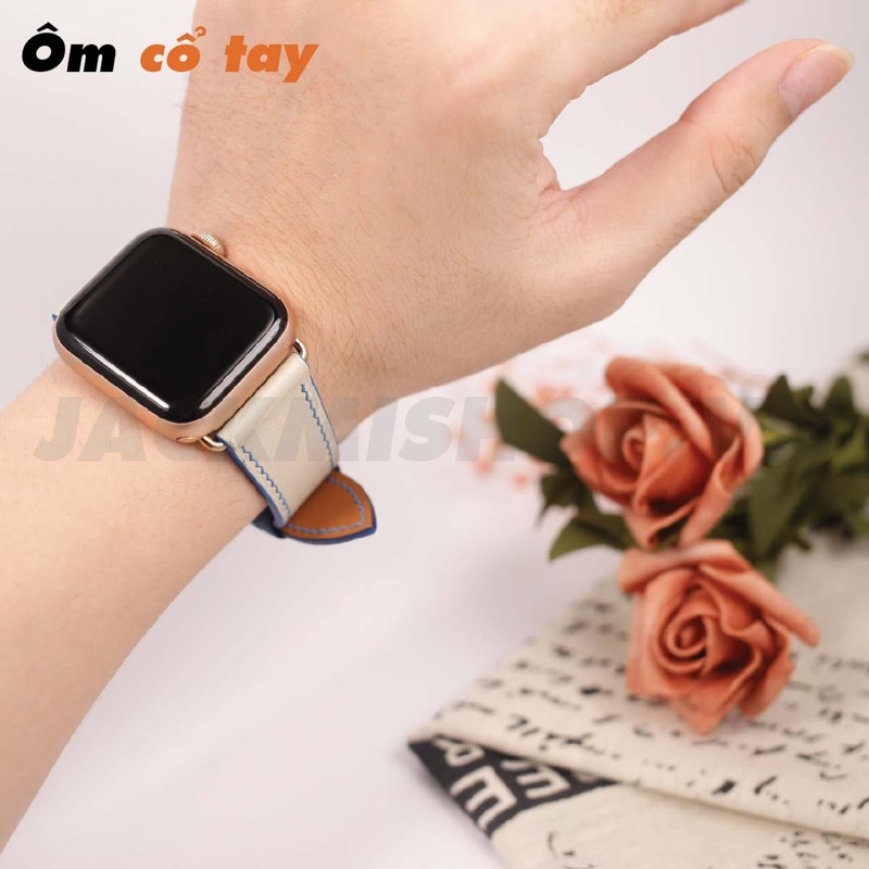 [BẢO HÀNH 1 NĂM] Dây Da BÊ SWIFT may tay thủ công màu Kem chỉ Xanh Dương khóa Bướm cho Apple Watch series 1/2/3/4/5/6/7