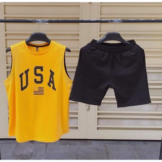 Bộ quần áo 3 lỗ thể thao nam, vải dày mịn mát ( vàng )