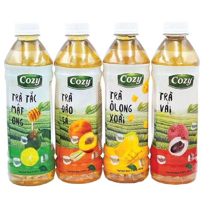 Thùng 24 chai trà hoa quả cozy uống liền vị trà đào sả, trà vải, trà tắc mật ong, trà ô long xoài