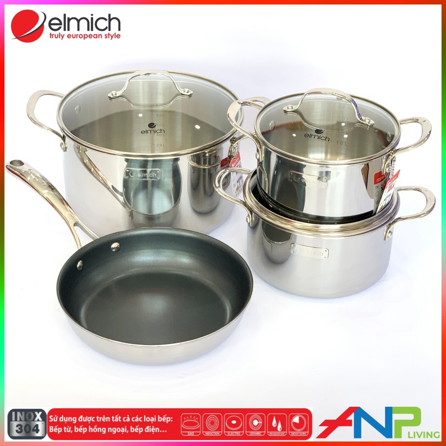 Bộ Nồi 4 Chiếc Inox 304 3 Lớp Đáy Liền ELMICH Trimax Size 18/20/26 Chảo 26cm (EL-3742)