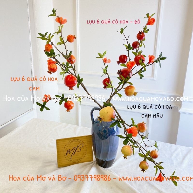 Cành Quả Lựu Giả Merber (Mơ &amp; Bơ) Loại 5/6/9 Quả Màu Đỏ/Cam Có Hoa - Cành Khô Decor Trang Trí Trong Nhà,Phòng Khách