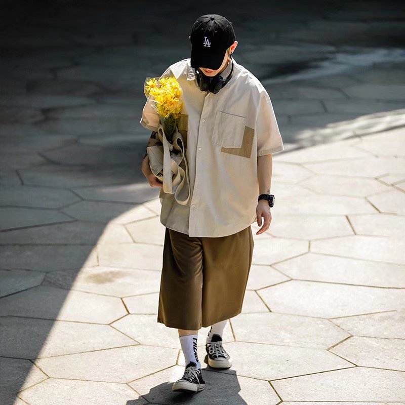 Áo Sơ Mi Kaki Ngắn Tay Phối Túi Màu Sắc Tương Phản Có Túi M-2XL Dễ Phối Đồ Thời Trang Mùa Hè Cho Nam