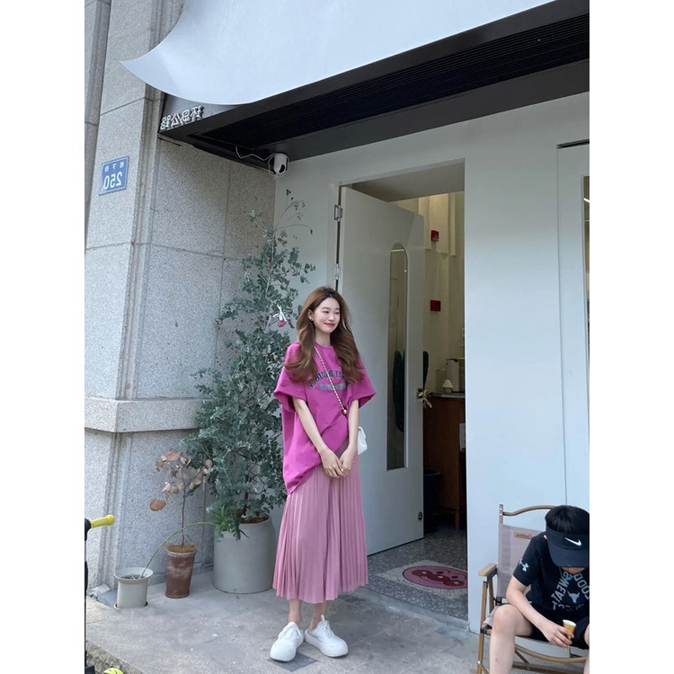 Chân váy MORAN màu hồng tím xòe dài xếp ly vintage Hàn Quốc + áo thun cộc tay màu hồng