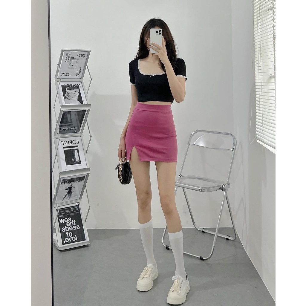 Áo croptop HHVINTAGE kiểu cổ vuông, ren viền