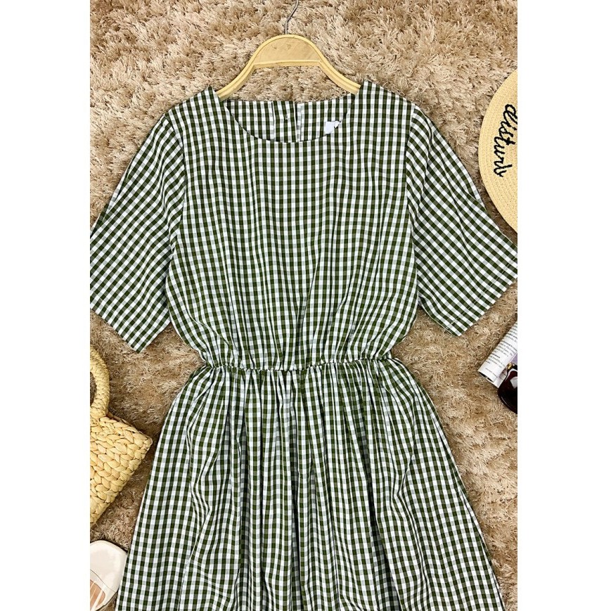 Đầm maxi caro tay ngắn khoét eo cài nút sau, phù hợp dạo phố, đi chơi, đi sinh nhật chụp hình kỷ yếu