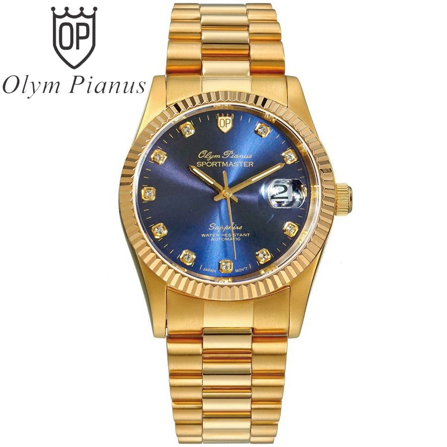 Đồng hồ nam dây kim loại mặt kính sapphire automatic Olym Pianus OP89322 OP89322AGK xanh