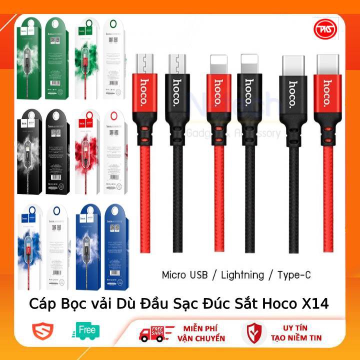 Cáp Sạc Bọc Dù Đầu Sạc Đúc Sắt Hoco X14 Dài 1m 2m Lightning /TypeC /Micro usb