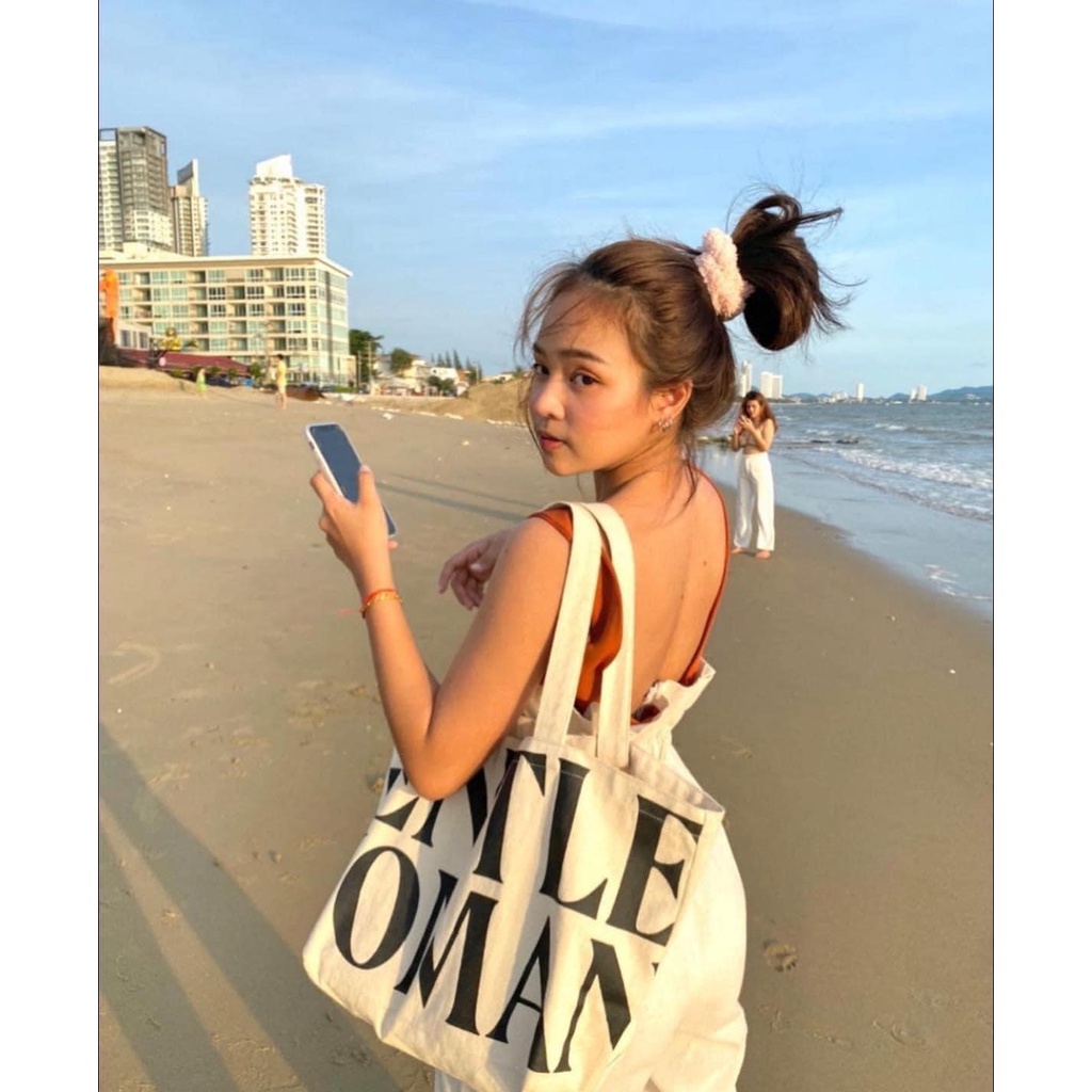 Túi vải Gentle Woman in chữ sang chảnh Túi tote đeo vai cỡ lớn đựng Laptop, đi học đi du lịch