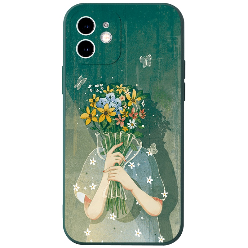 Ốp điện thoại viền vuông chống sốc cô gái cầm hoa nhẹ nhàng Cho iPhone 13 12 11 Pro Max SE tr1223